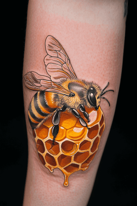 Realistic Honey Bee on Honeycomb Tattoo