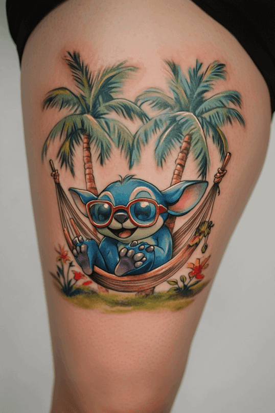 Stitch Relaxing in a Tropical Hammock Tattoo