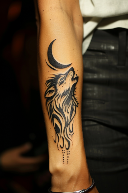Howling Wolf and Crescent Moon Tattoo