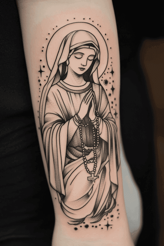 Minimalist Virgin Mary Forearm Tattoo