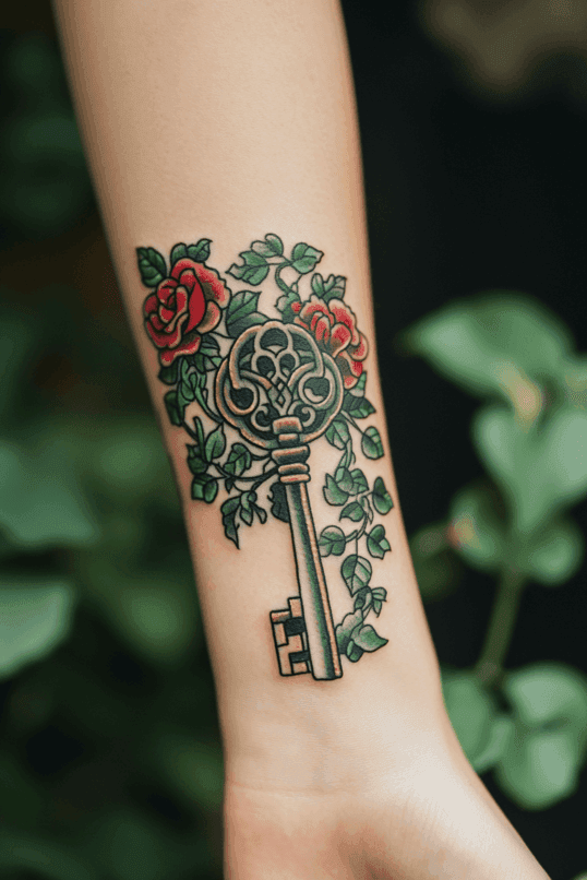 Antique Skeleton Key Tattoo with Roses and Ivy