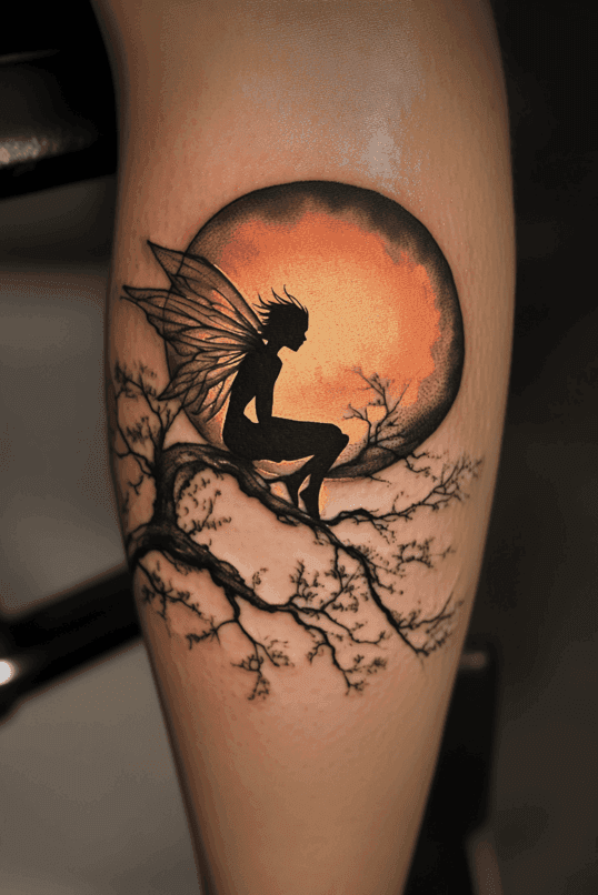 Silhouette Fairy with Sunset Moon Tattoo