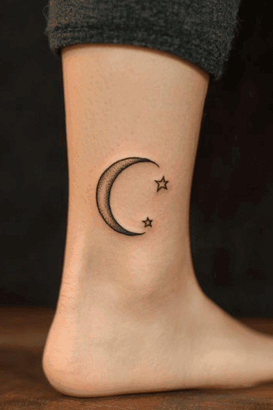 Crescent Moon and Stars Ankle Tattoo