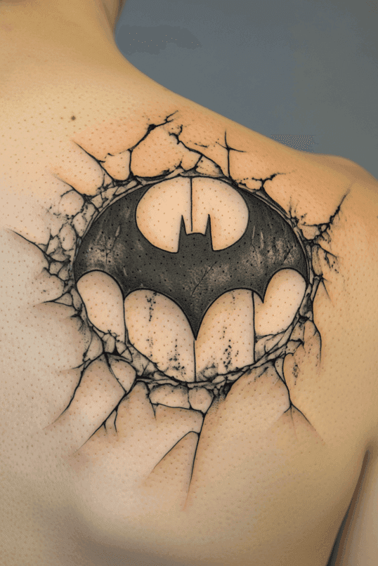 Cracked Batman Emblem Shoulder Tattoo