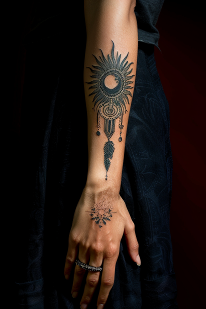 Radiant Sun and Feather Tattoo