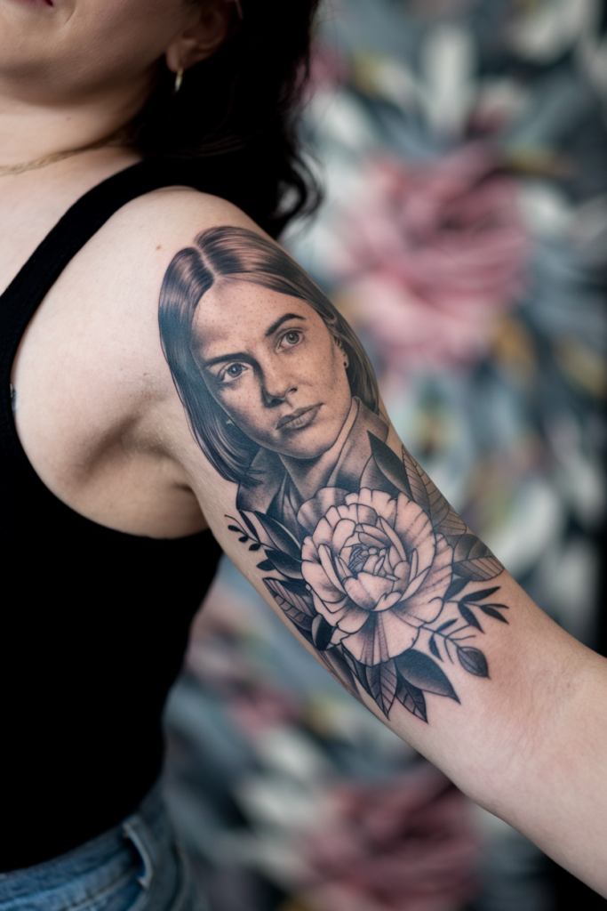 Feminist Portrait with Blooming Peony Tattoo