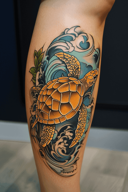 Sea Turtle Riding the Waves Tattoo