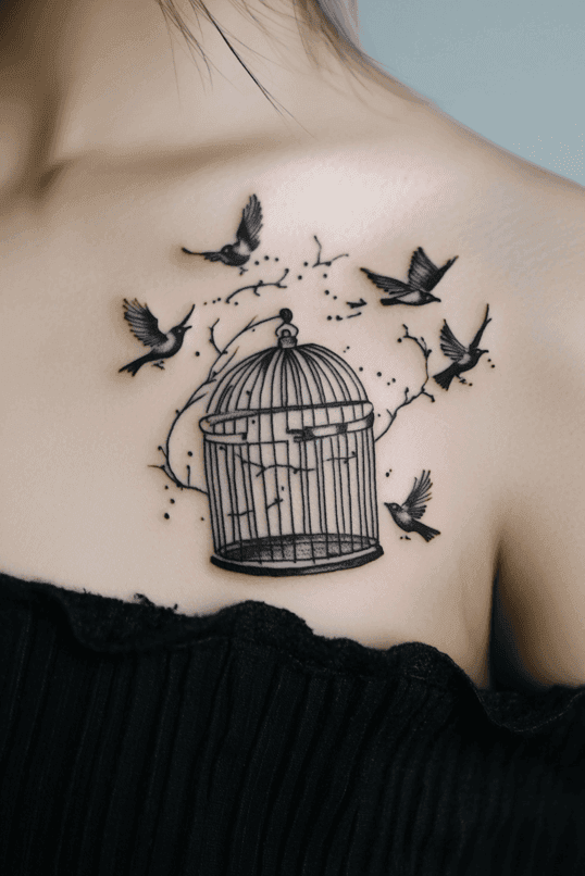 Vintage Birdcage Tattoo with Flying Birds