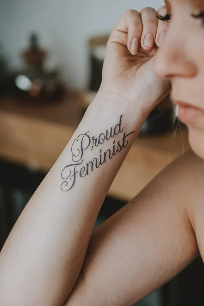 Elegant Proud Feminist Script Tattoo