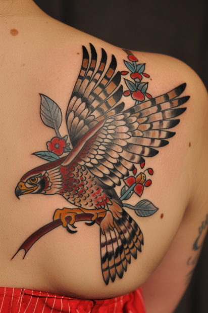 Vibrant Hawk with Floral Accents Tattoo