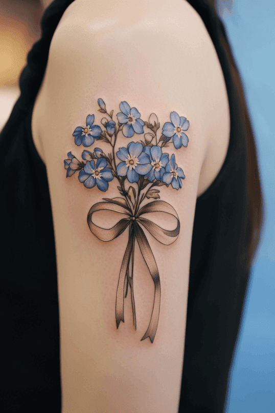 Forget-Me-Not Bouquet With Ribbon Tattoo