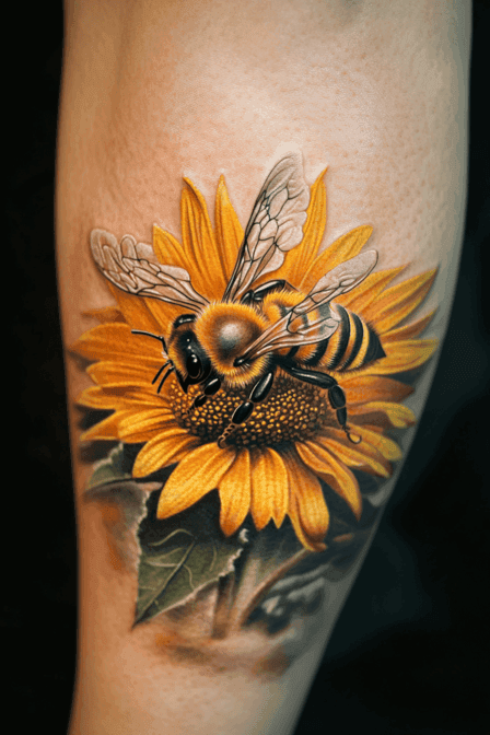 Realistic Honey Bee on Vibrant Sunflower Tattoo