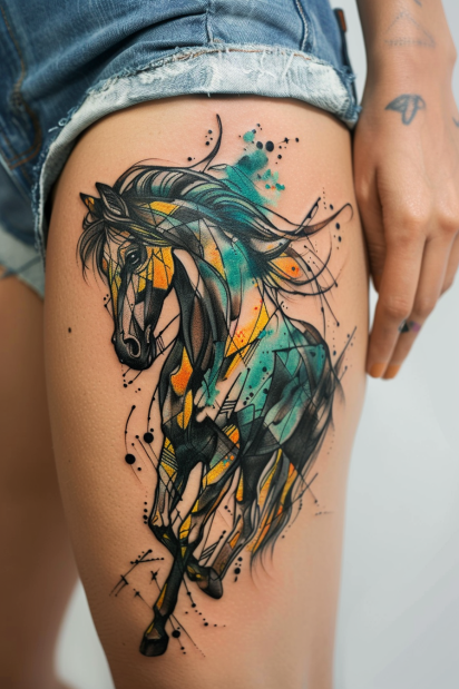Dynamic Watercolor Horse Tattoo
