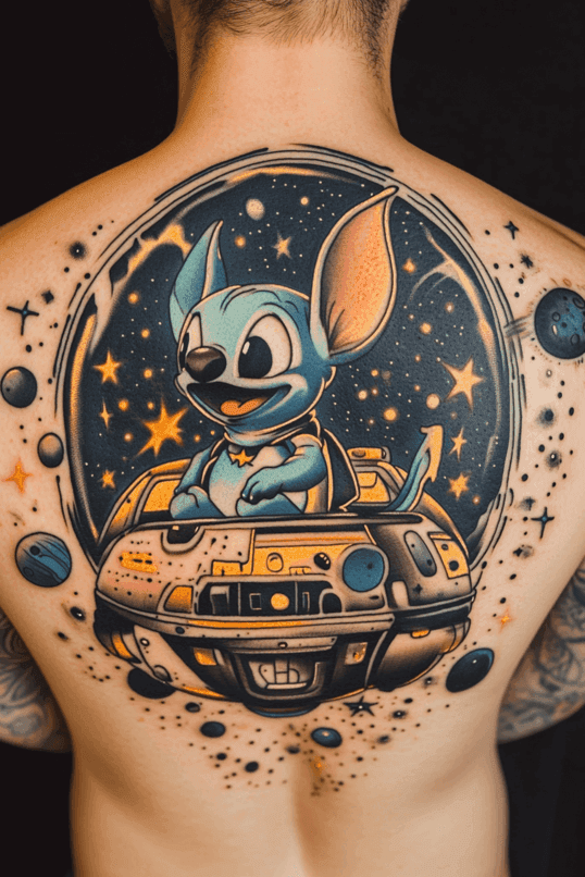 Stitch in a Spacecraft Back Tattoo