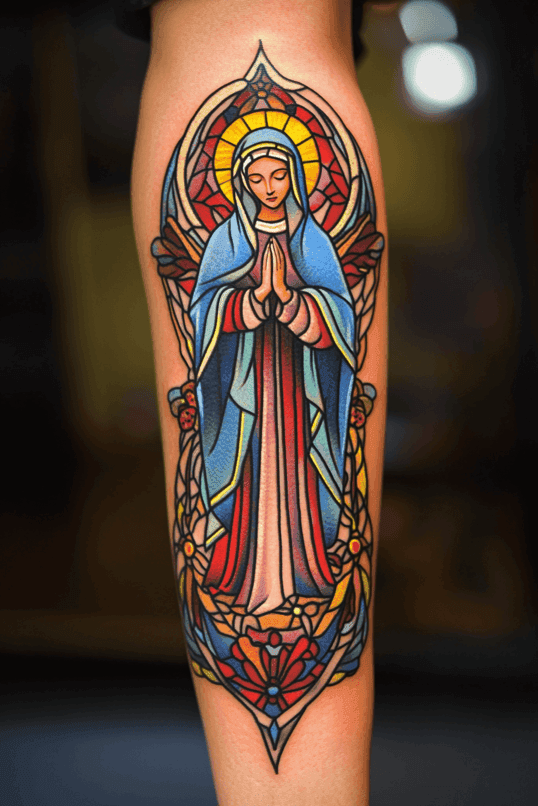 Stained Glass Virgin Mary Forearm Tattoo