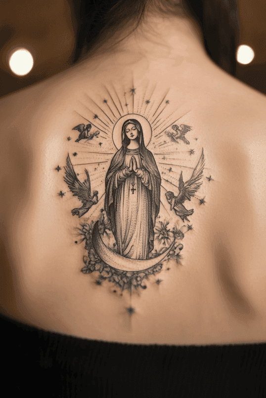 Virgin Mary with Radiant Halo and Doves Tattoo