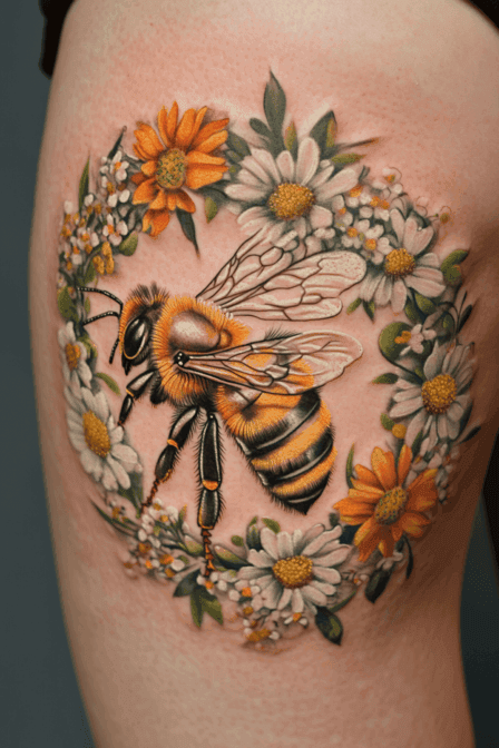 Realistic Honey Bee with Floral Wreath Tattoo