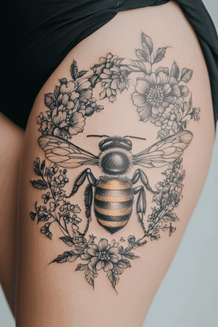 Black and Gray Honey Bee with Floral Frame Tattoo