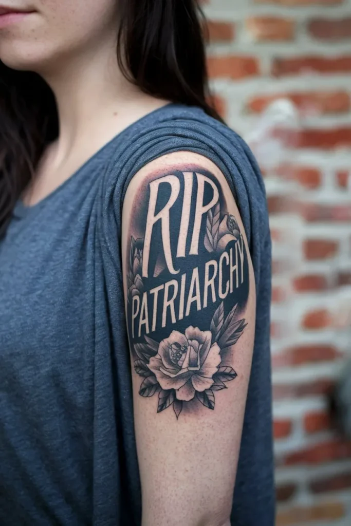 Bold RIP Patriarchy Tattoo with Floral Accents