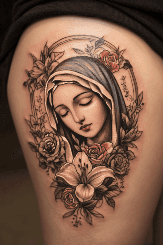 Virgin Mary Floral Portrait Tattoo