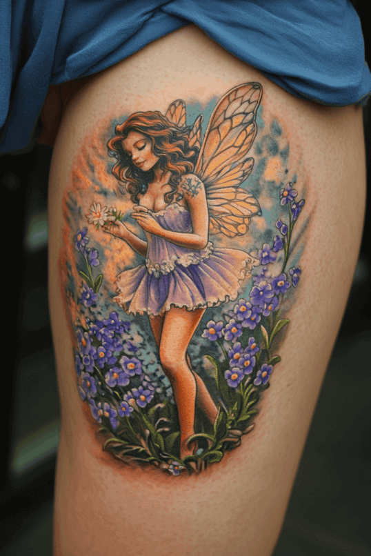 Fairy in a Garden of Forget-Me-Nots Tattoo