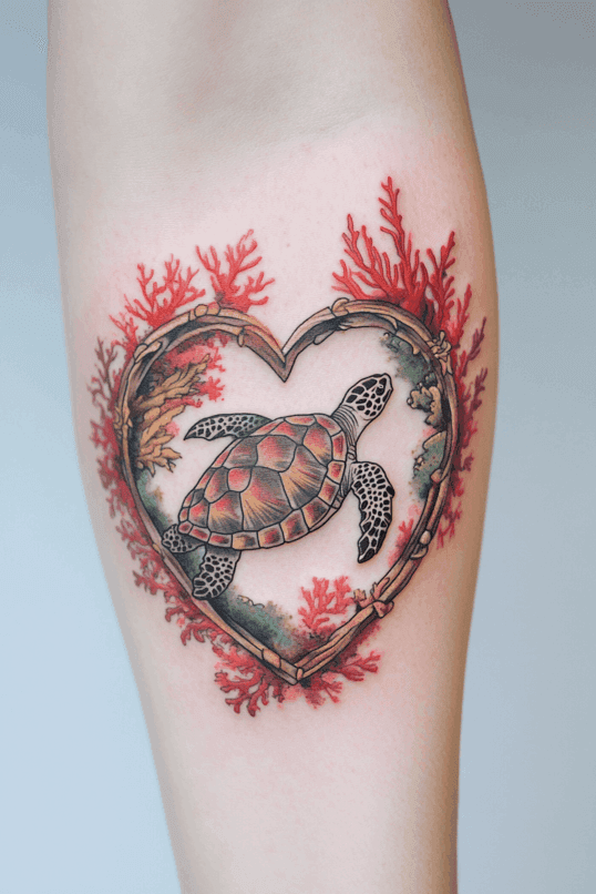 Sea Turtle in a Coral Heart Tattoo