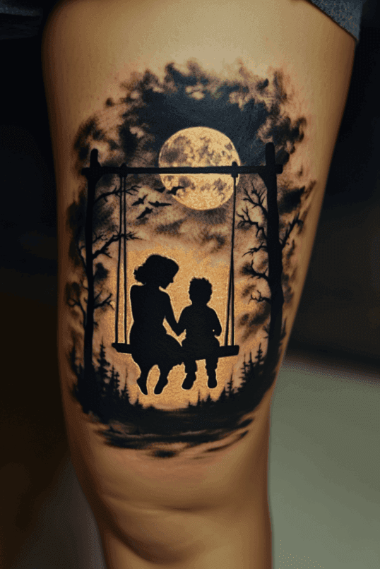 Mother and Son Swing Under the Moon Tattoo
