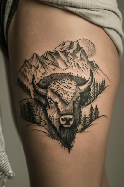 Majestic Bison and Mountain Tattoo