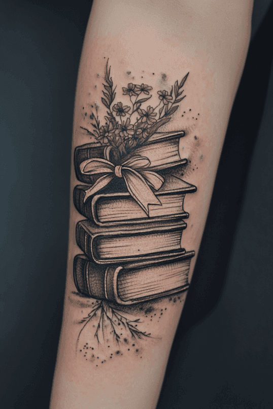 Stacked Antique Books Tattoo with Floral Accents