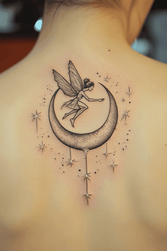 Fairy on Crescent Moon Back Tattoo