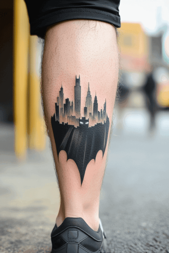 Gotham City Silhouette in Batman Emblem Tattoo
