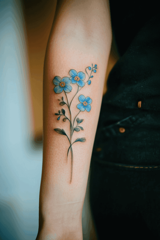 Forget-Me-Not Stem and Bloom Forearm Tattoo