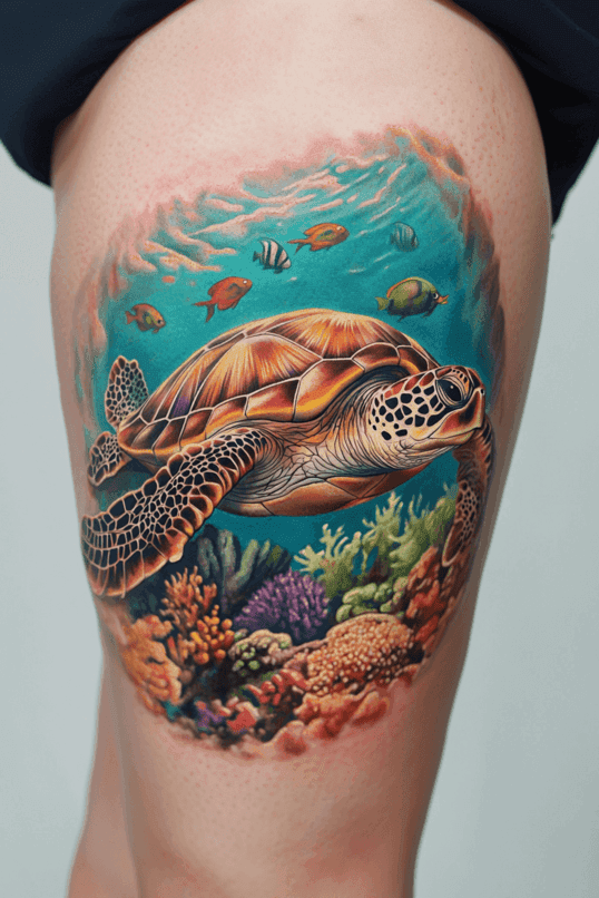 Underwater Sea Turtle Scene Tattoo
