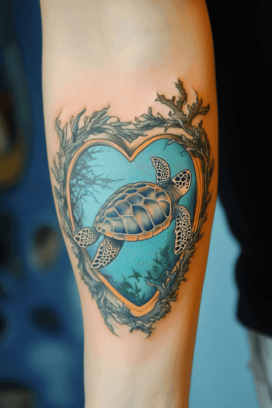 Sea Turtle Within a Coral Heart Tattoo